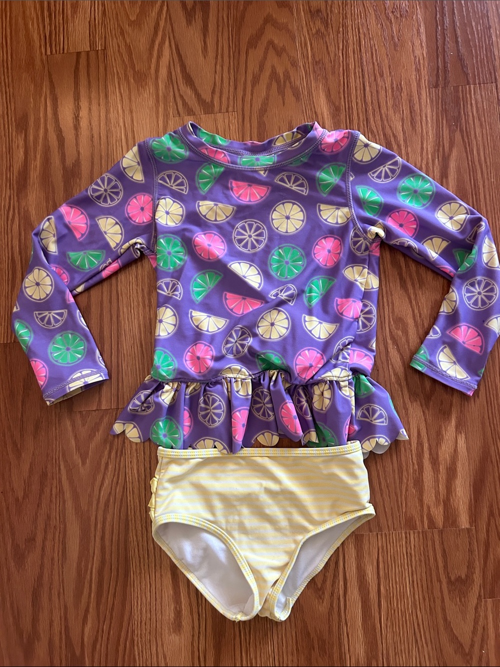 Ruffle Butts Purple Citrus Print Long-Sleeve Bikini Set with Yellow Stripes